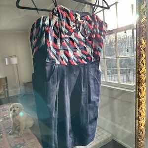 Anthropologie- Maeve- strapless dress with blue skirt patterned top w. Bow